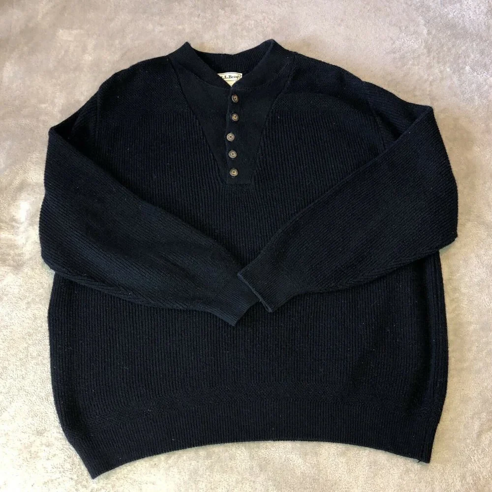 L.L. BEAN Mens Navy Cotton Blend Knit 1/4 Button Sweater Sz XL Made in U…